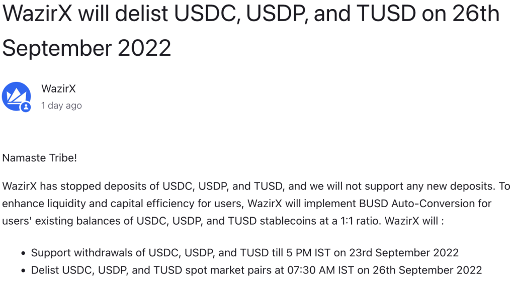 WazirX跟进币安BUSD政策：停止支持USDC、USDP、TUSD入金-第2张图片-币安app下载